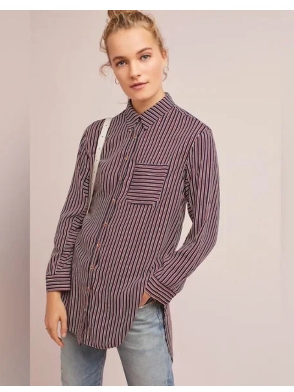 Maeve Anthropologie Adelaide Navy Blue Red Striped Poplin Button Down Shirt Sz L